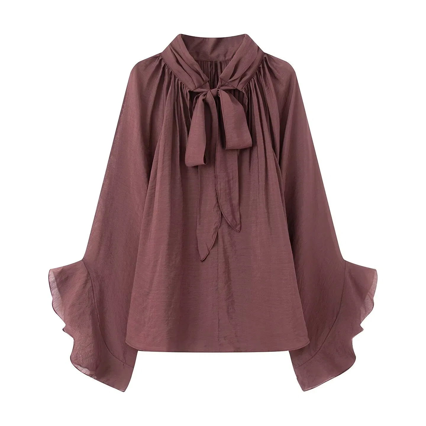 Elegant Autumn Women's Blouse with Flared Sleeves and Floating Collar