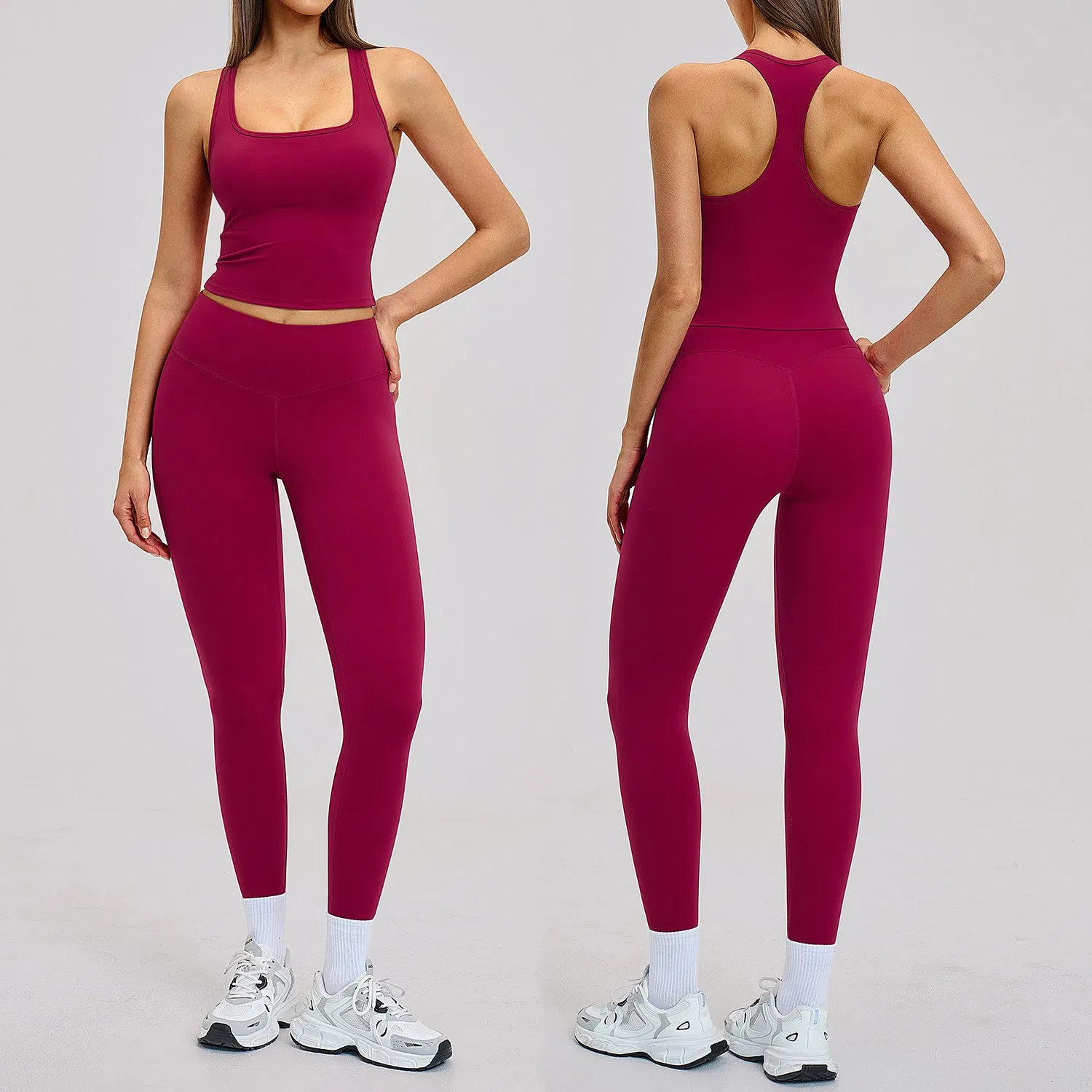 Athletic Women's Breathable Workout Yoga Gym Clothes Racerback Crop Tank + High Waisted Fitness Leggings, 2PCS Matching Running Activewear