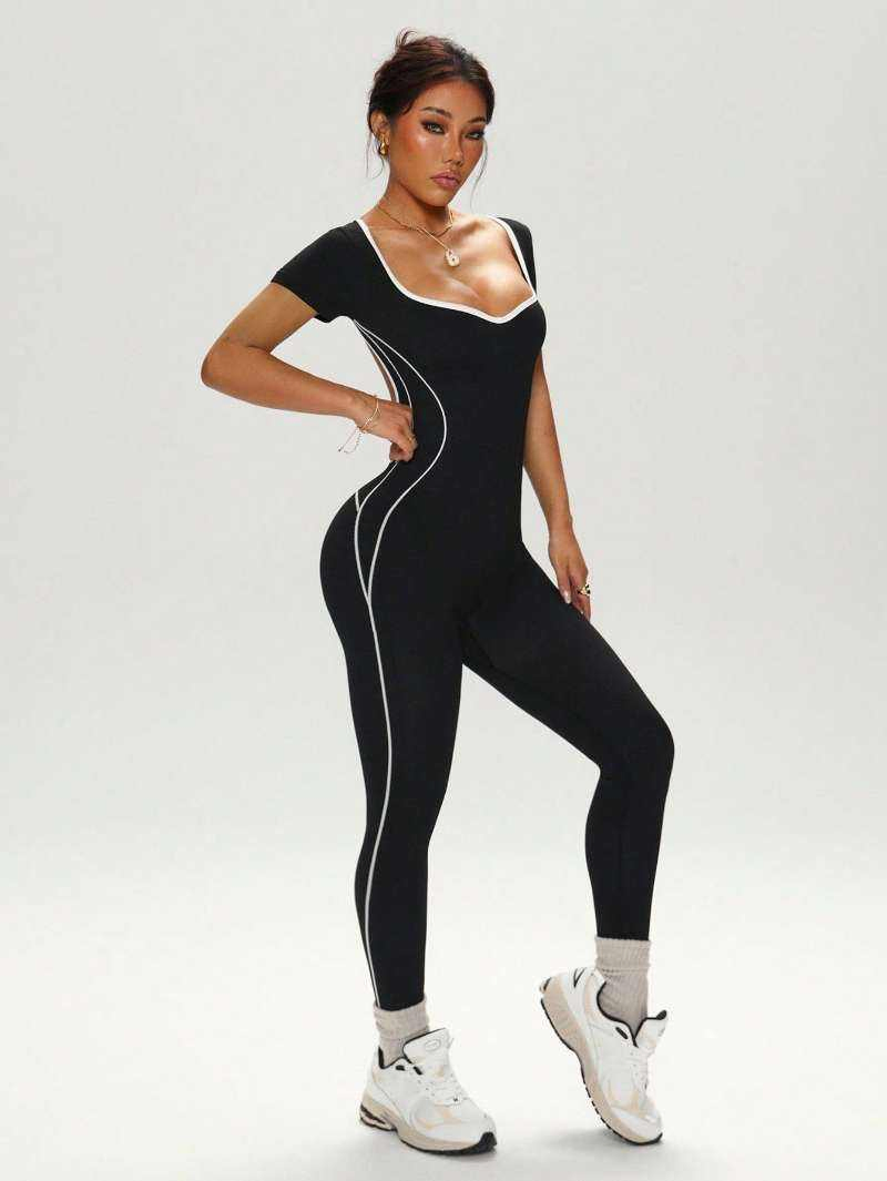 New Seamless Women's Summer U-Neck Short Sleeve High Waist Slimming Yoga Wear Hollow Back Fitness Jumpsuit