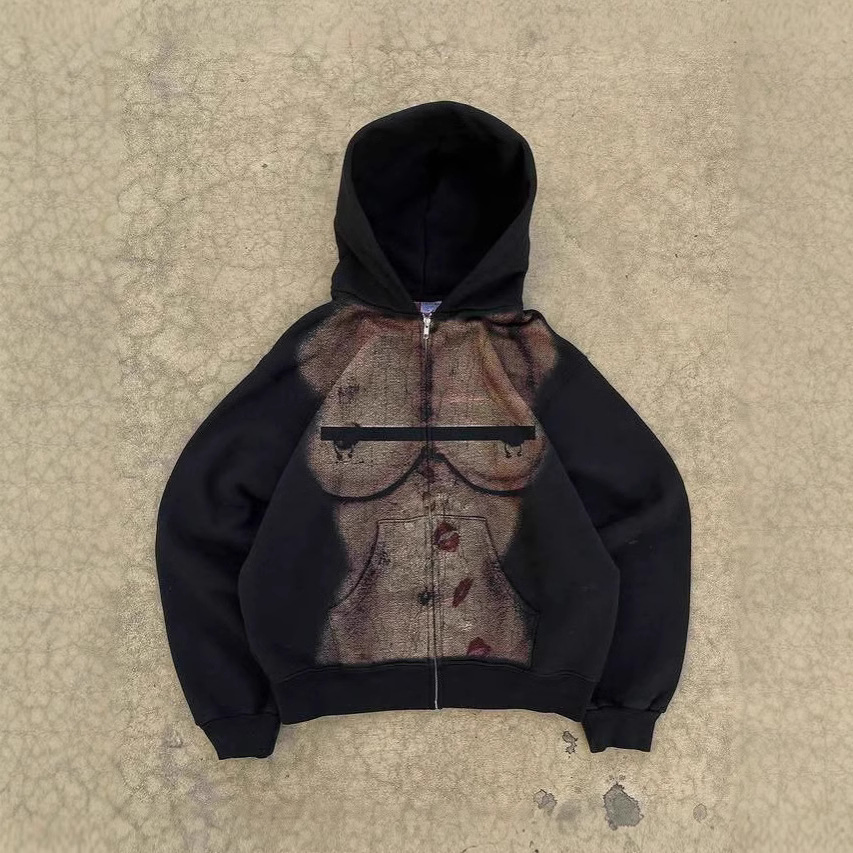 American Hoodie Autumn and Winter Slim Hooded Zipper Street Trend Black Thin Fashion Men and Women with The Same