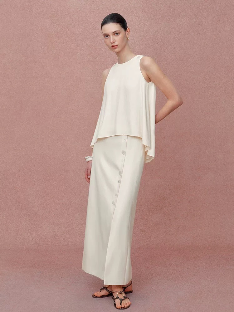 Wholesale Brand Logo Two Piece Women Blouse Set with Long Straight Skirt Customized Sleeveless Round Neckline Blouse