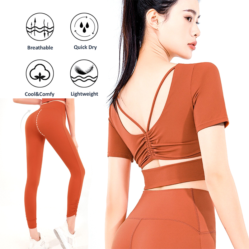 Factory New Design 2PCS Fancy Activewear for Women, Soft Stretch Yoga Crop Top with Bra, High Waisted Booty Lifting 7/8 Capri Workout Leggings with Pleated Cuff