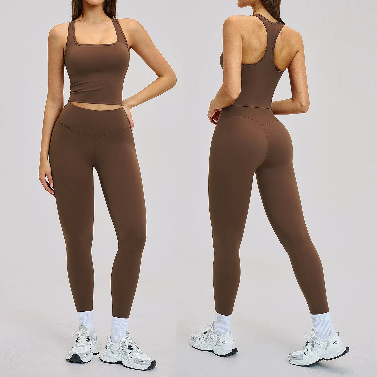 Athletic Women's Breathable Workout Yoga Gym Clothes Racerback Crop Tank + High Waisted Fitness Leggings, 2PCS Matching Running Activewear