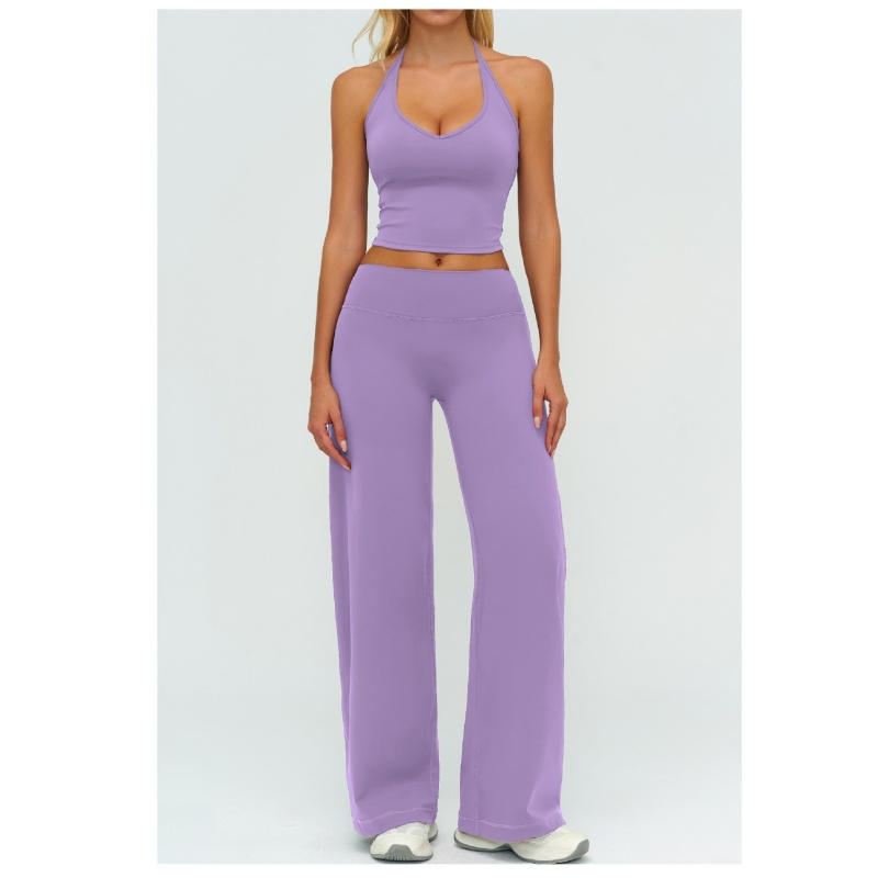 Women Yoga Vest Fitness V-Neck Halter Neck Fitted, Fashionable Sports Vest, Long Leg Wide Leg Pants Gym Set