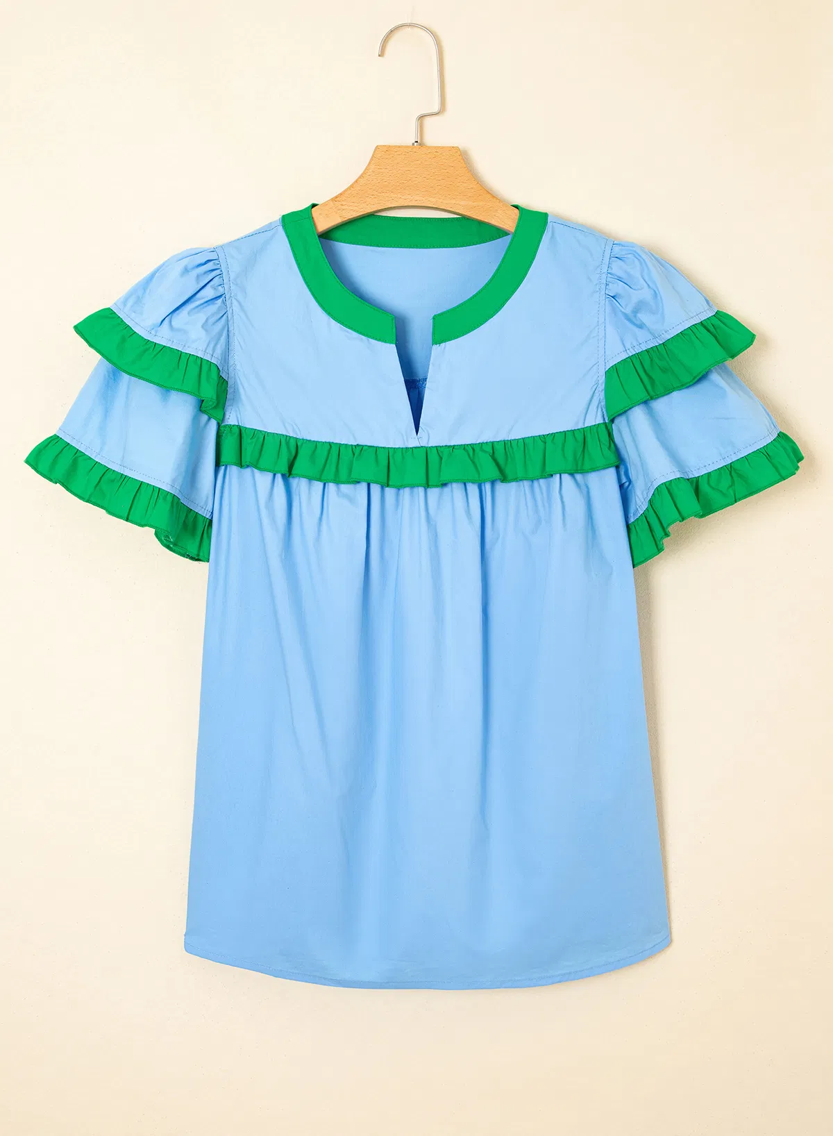 Dear-Lover Fashion Boutique Wholesaler Manufacturers Contrast Notched Neck Frilly Detail Fashion Knitted Women Cotton Blouse