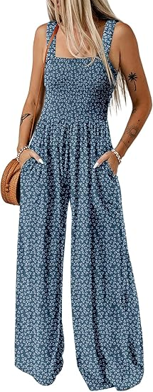 Women's Summer Floral Print Jumpsuit Sleeveless Spaghetti Strap Wide Leg Loose Casual Jumpsuit with Pockets