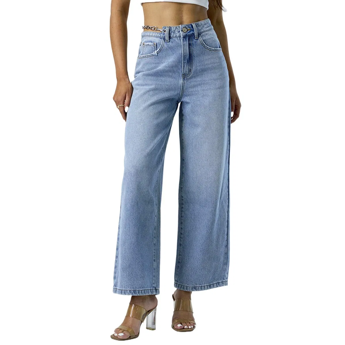 Fashion Wide Leg Pants Cut off Waist Straight Denim High Quality Jeans for Women