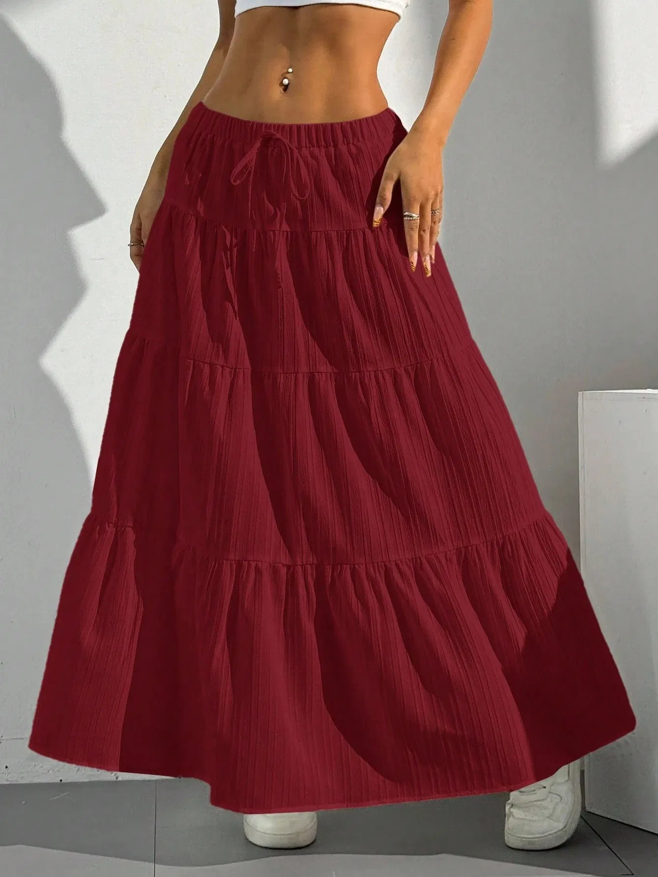 OEM White Tie-Waist Flared Maxi Skirt Loose Fit European Style Women's Long Skirt Wholesale Custom Clothing Ropa Women Skirt Wholesale Clothing