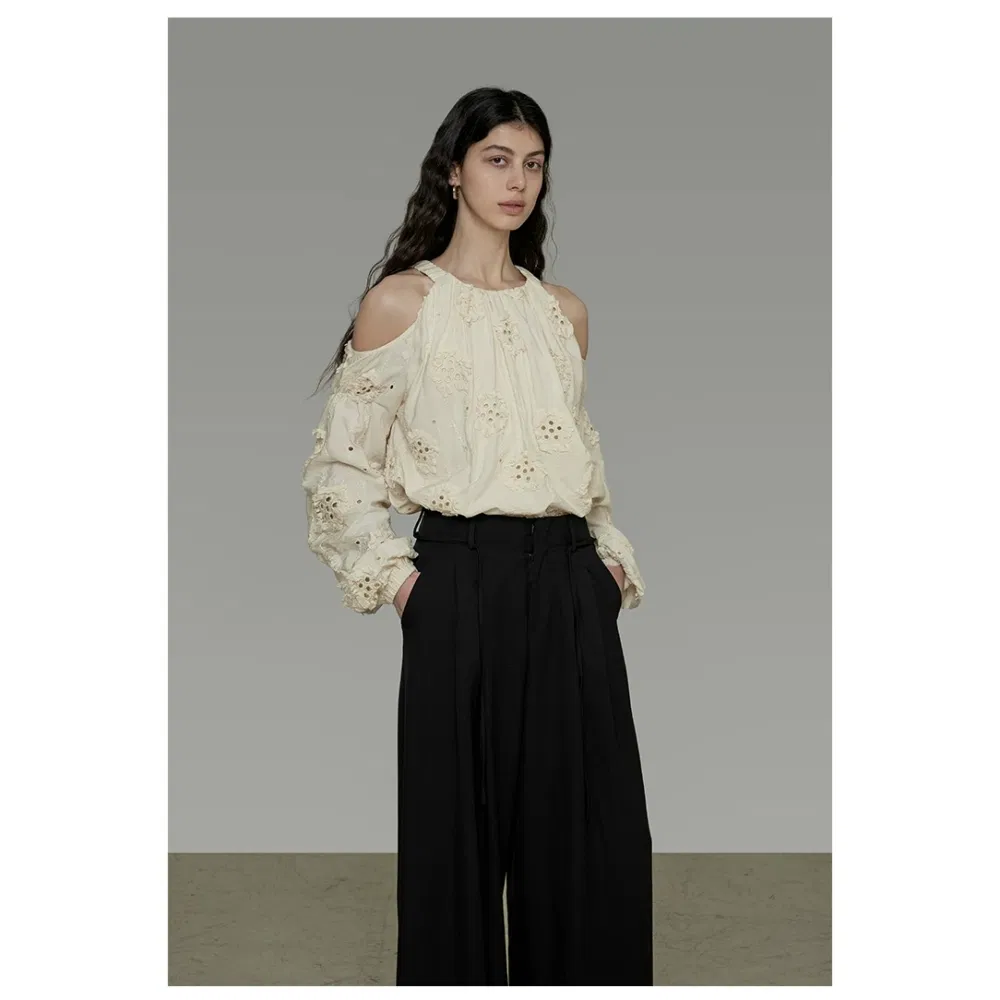 China High Quality Custom Wholesale Cotton Factory Direct Cold Shoulder Blouse Women Loose Fit Slim Vintage Embroidery Top