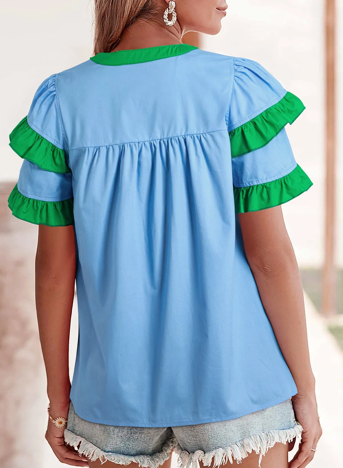 Dear-Lover Fashion Boutique Wholesaler Manufacturers Contrast Notched Neck Frilly Detail Fashion Knitted Women Cotton Blouse