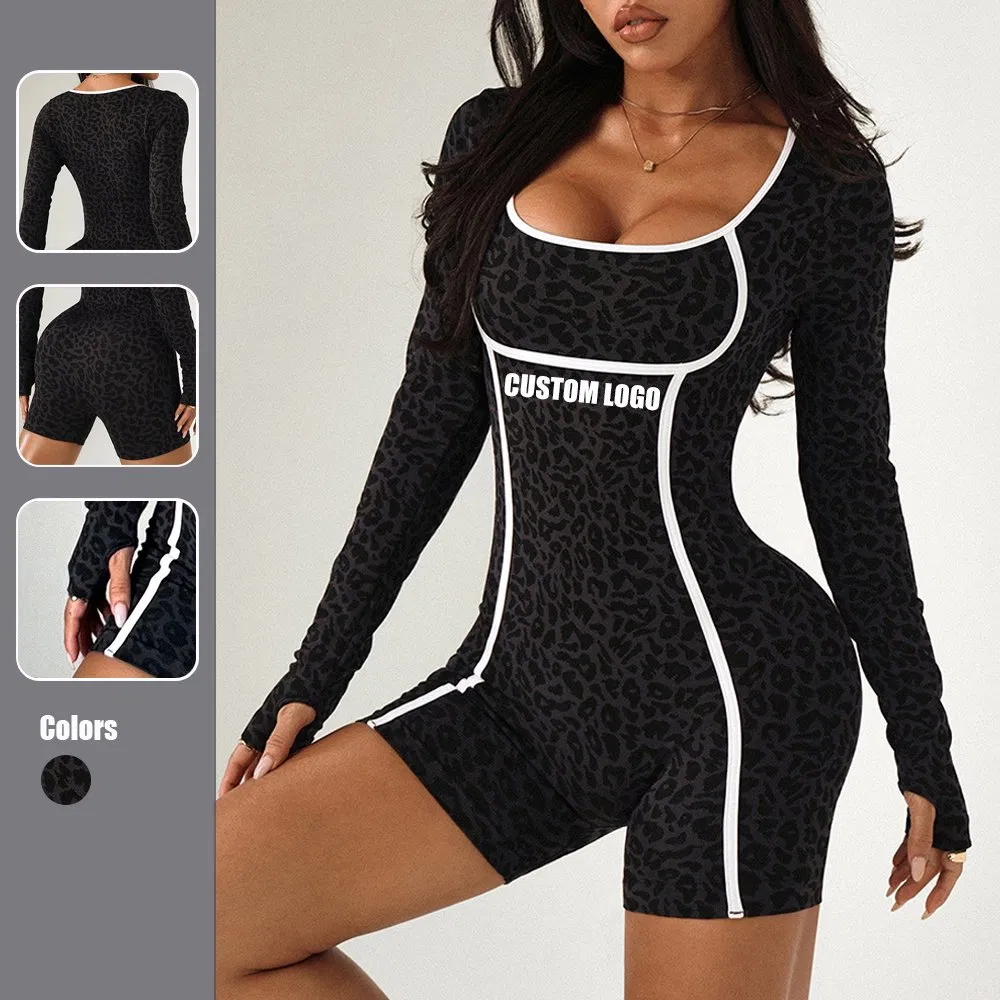 Leopard Print Long-Sleeved Sports Yoga Gym Jumpsuit for Women Fitness Wear