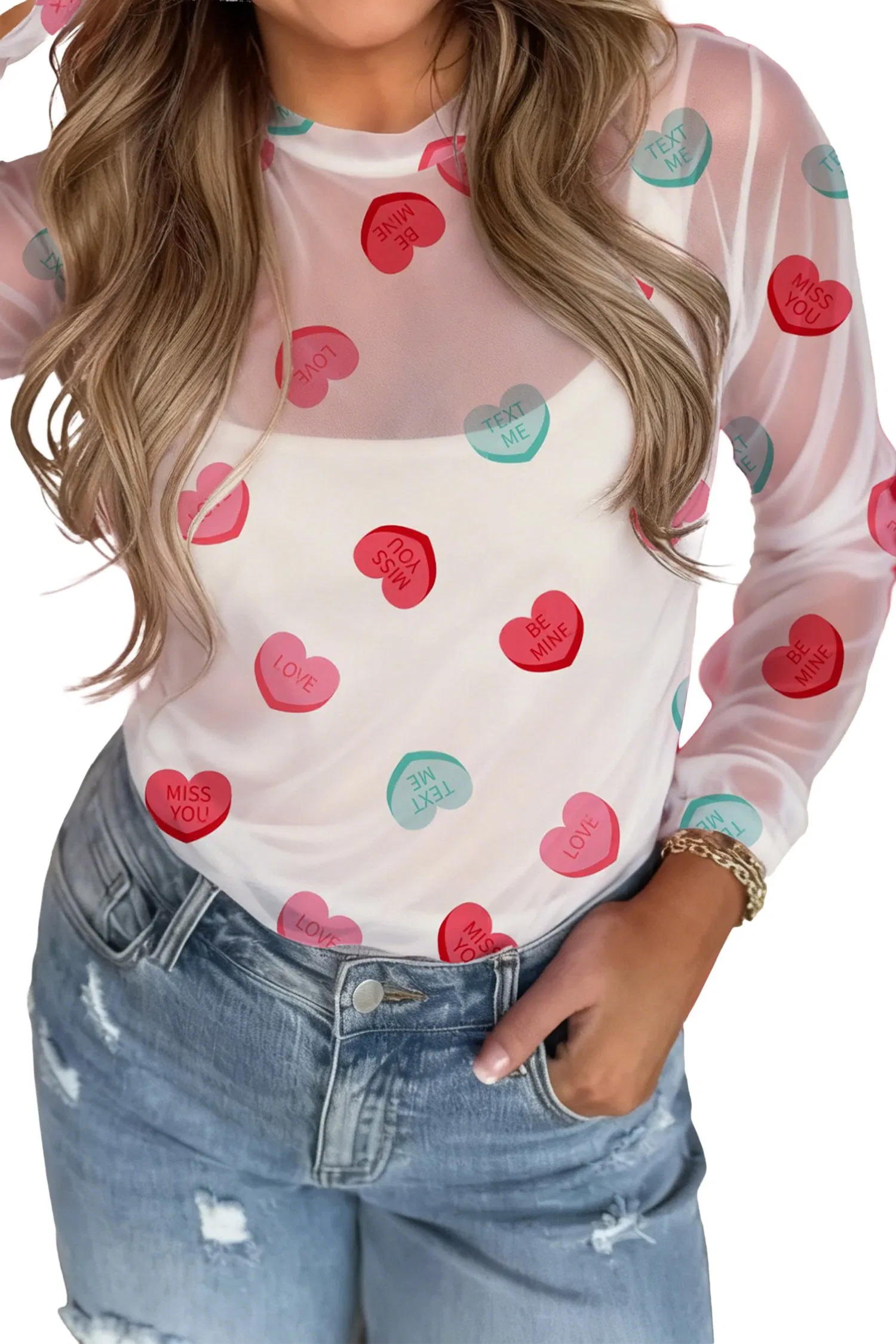 Dear-Lover Exclusive Wholesale Dropshipping Boutique Clothing Women Manufacturers Sheer Mesh Valentines Slogan Heart Printed Long Sleeve Women Top
