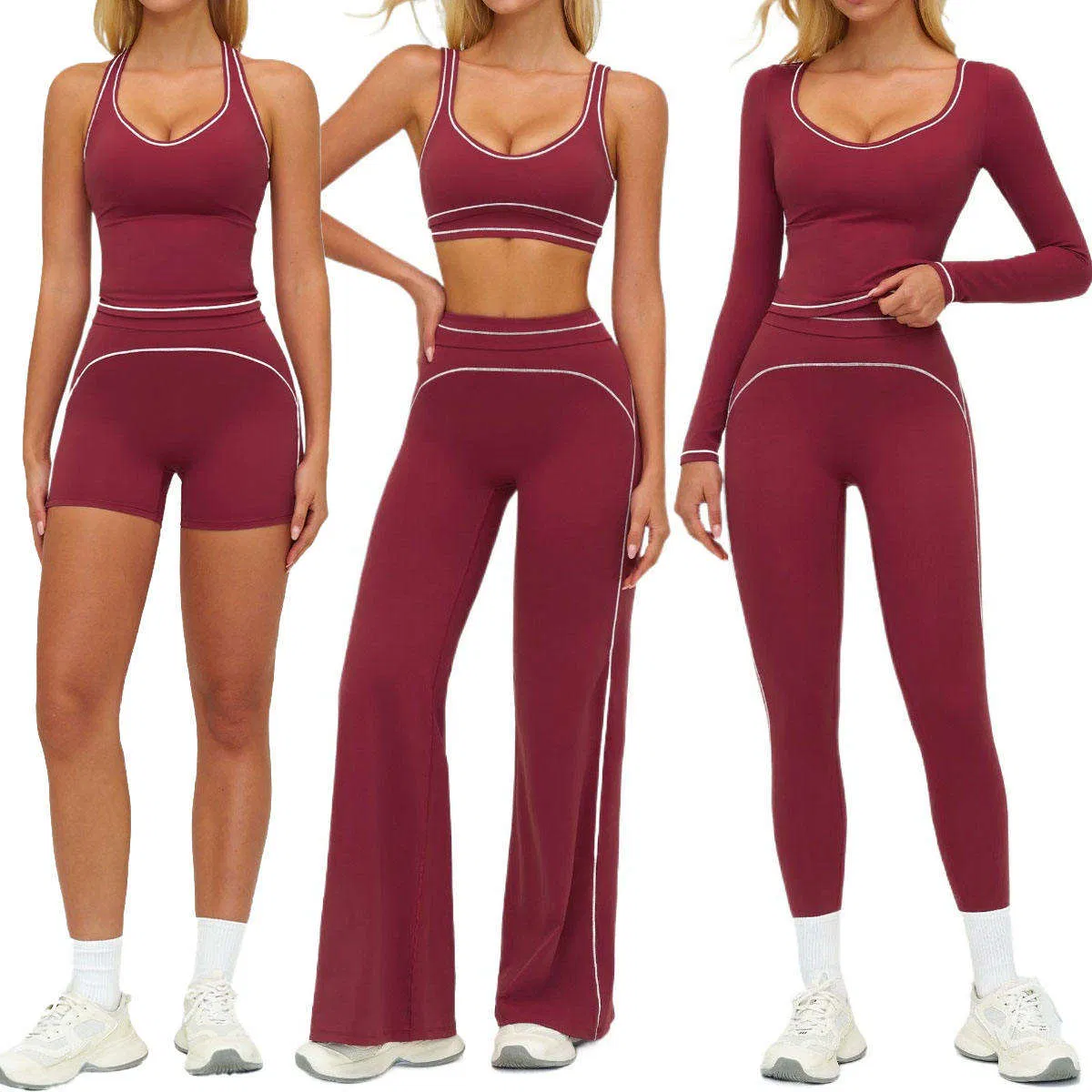 Women's Seamless Contrast Stitching Yoga Set Flare Leggings / Bootcut Biker Shorts Workout Outfits Gym Fitness High Waist Leggings and Sports Bra Activewear