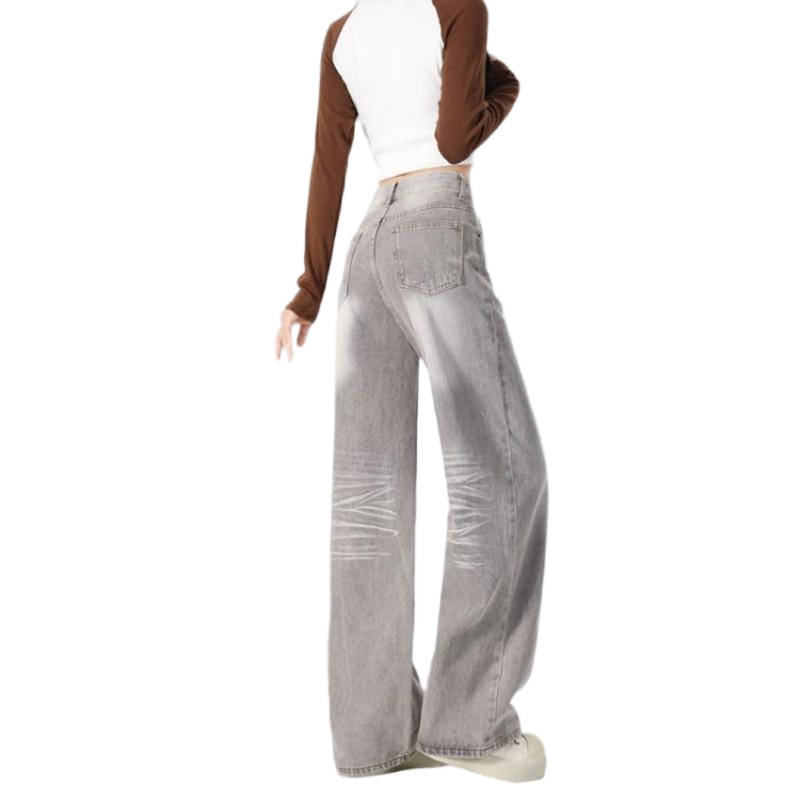 Ladies Jeans Wholesales Women's Grey Denim Wide-Leg Jeans Corrugated Fade Casual Autumn Fashion Best-Selling