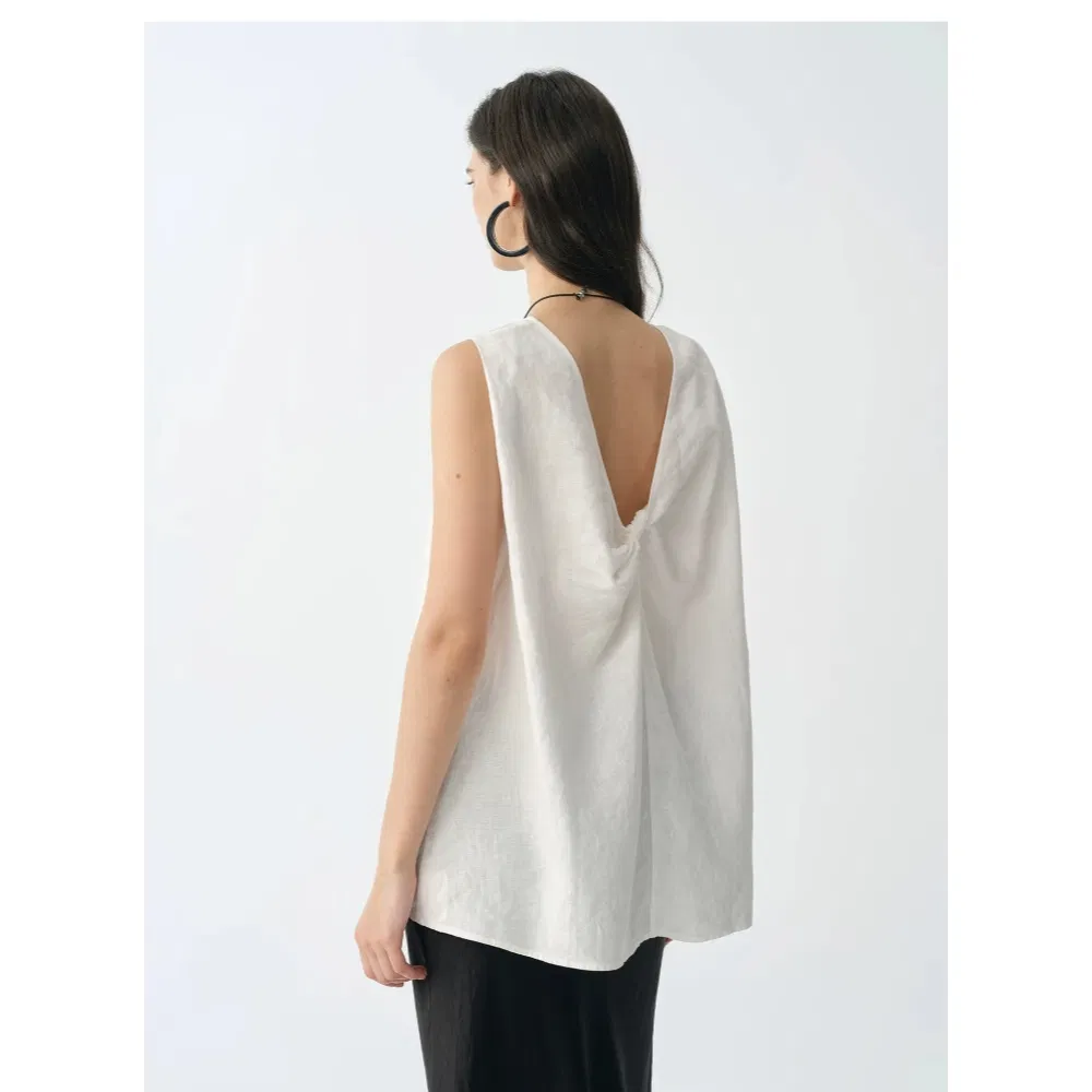 Customizable Factory Wholesale High Quality Affordable Women's Summer Pure Linen Design Sleeveless Vest Open Back Loose Top