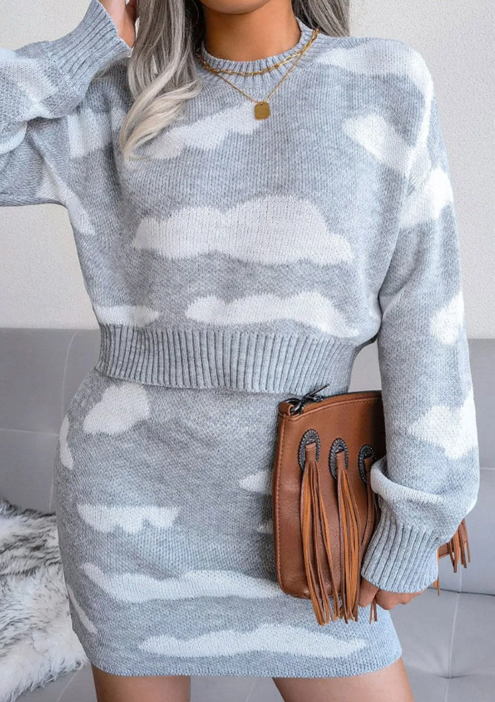Fashion Grey Color with Jacquard Design Women Knit Skirt Set Dress for Women