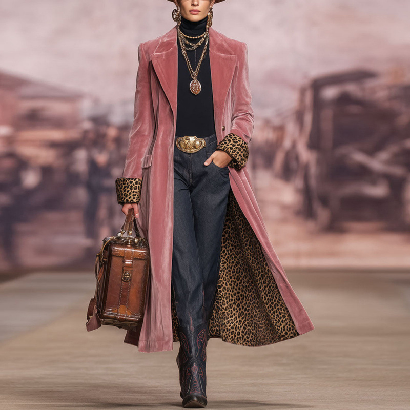 Stylish Women's Long Coat with Velvet Patchwork Design