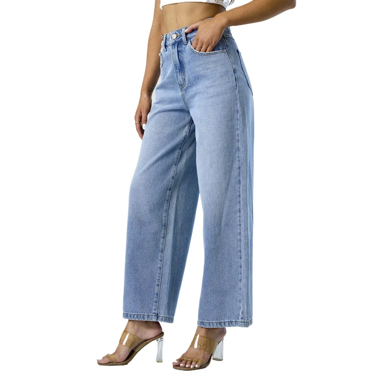 Fashion Wide Leg Pants Cut off Waist Straight Denim High Quality Jeans for Women