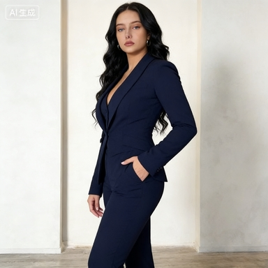 Navy Blue Three-Piece Blazer Suit Set - Chic Women's Business Formal Wear