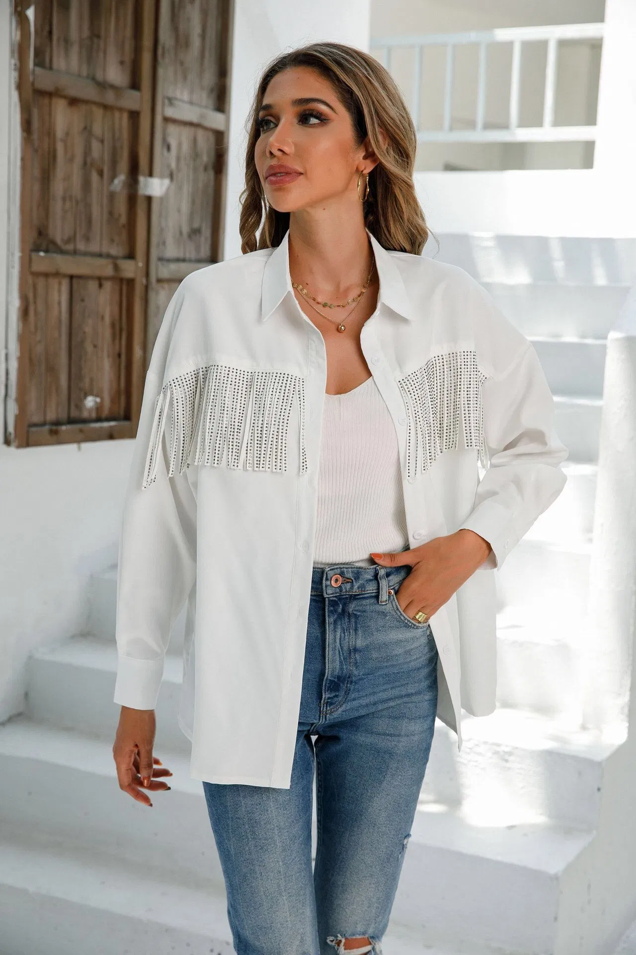 Women's Fashion Tassel Long Sleeve Popular off Shoulder Sleeve Plain Blouse