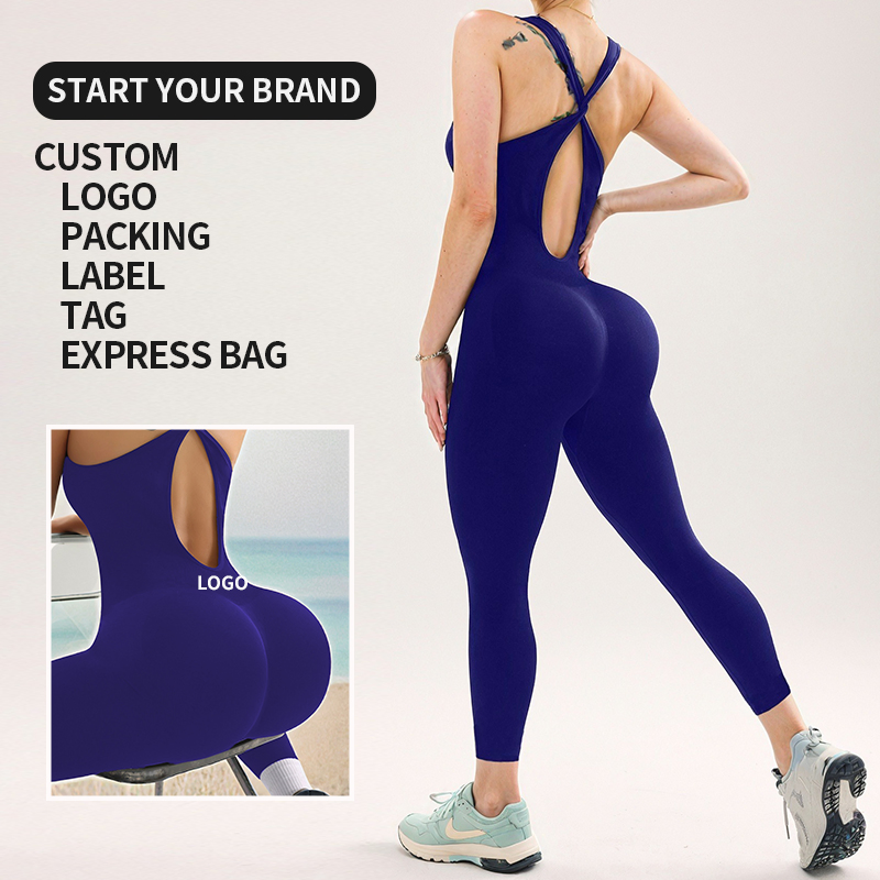 Wholesale Custom Women Fashion Sleeveless One Piece Workout Sport Breathable Gym Fitness Solid Control Yoga Jumpsuit