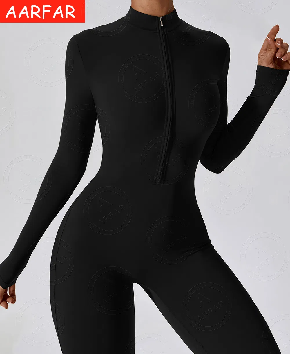 Women's Lightweight Compression Yoga Jumpsuit with Front Zipper Soft Long Sleeve Sports Bodysuit Stretchy Stretch Suit