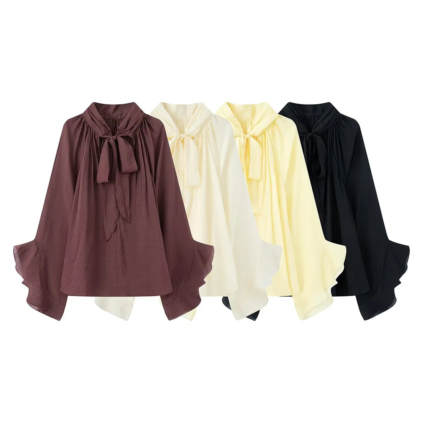 Elegant Autumn Women's Blouse with Flared Sleeves and Floating Collar