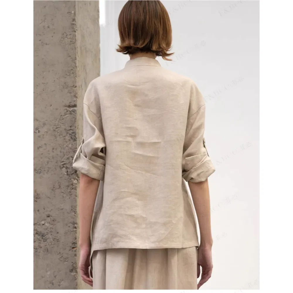 Women's New Linen French Cowl Neck Blouse Roll up Sleeve Loose Top