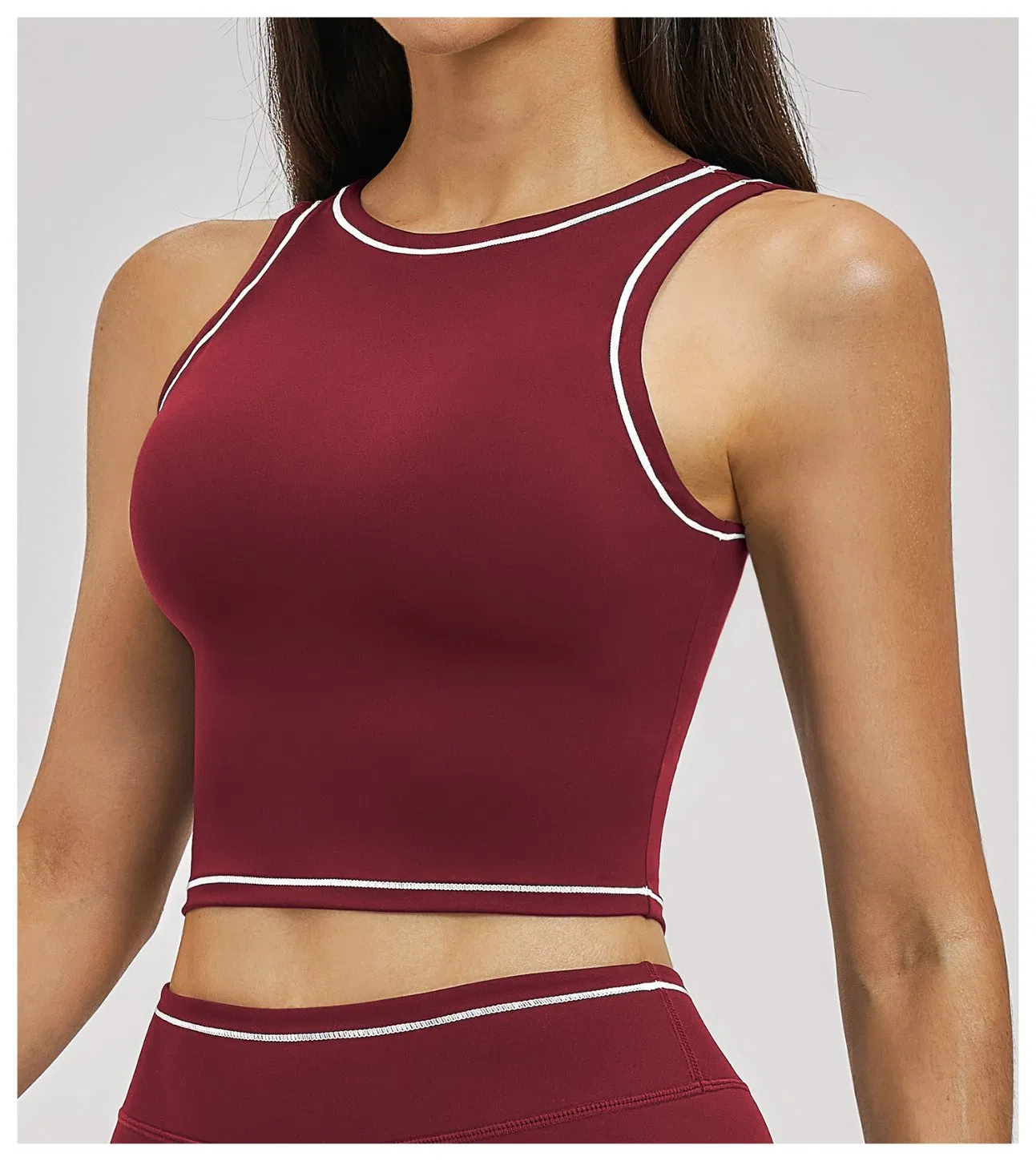 Women's Contrast Piping Crop Tank Top with Removable Pads, Round Neck, High Elasticity, Quick Dry for Gym Yoga