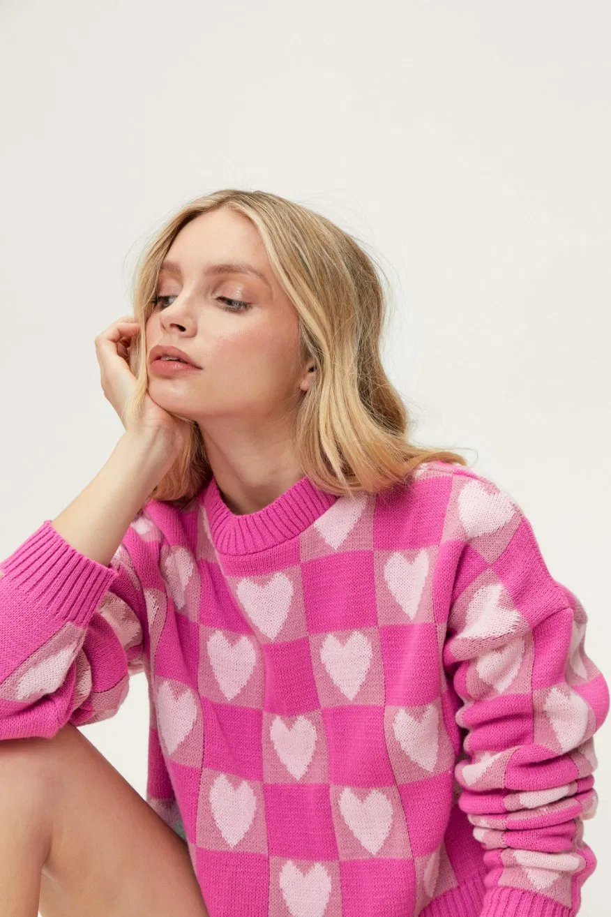 Wholesale China Customized High Quality Checkerboard Heart Print Sweater and Shorts Lounge Set Relaxed Knitted Women Leisure Household Women Loungewear