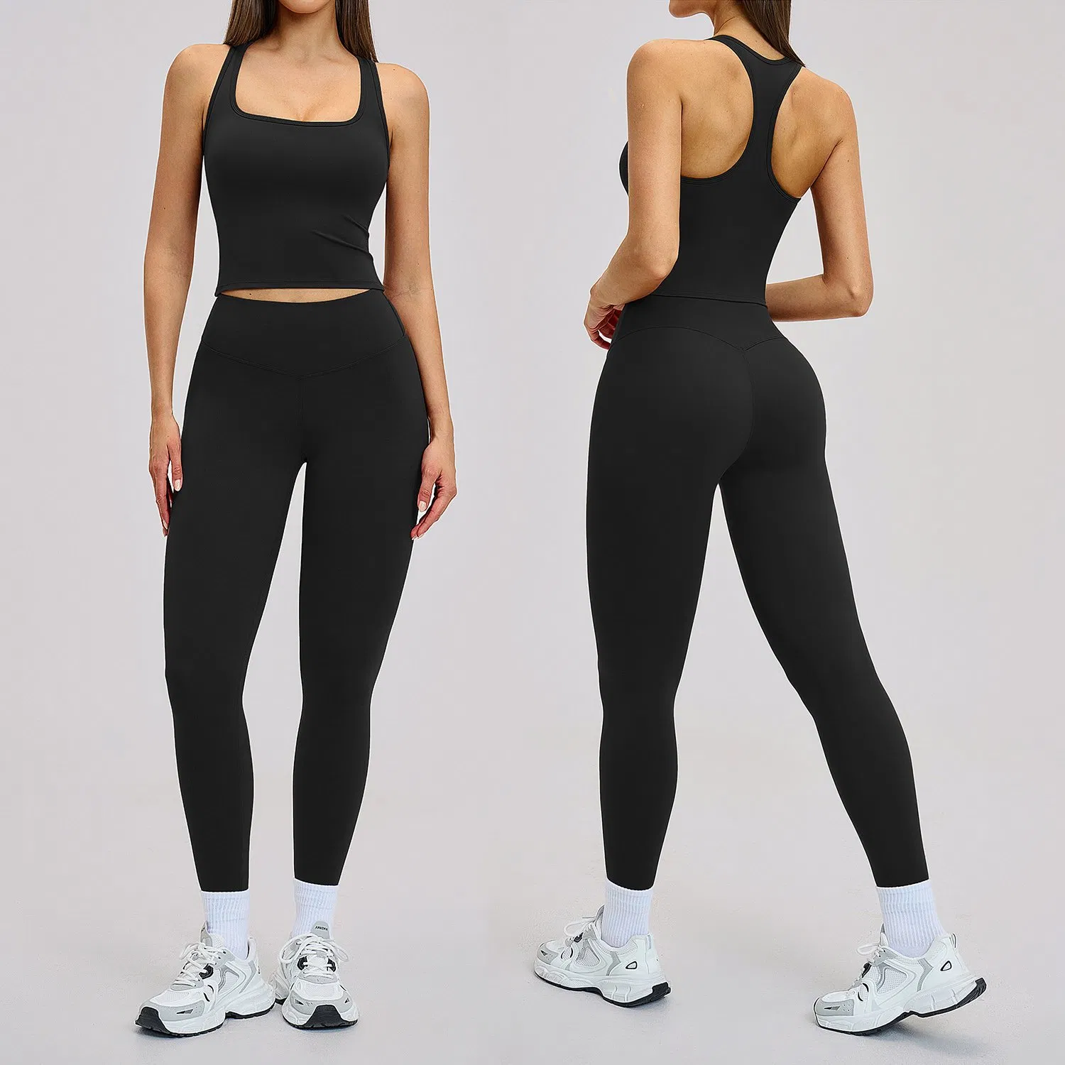 Athletic Women's Breathable Workout Yoga Gym Clothes Racerback Crop Tank + High Waisted Fitness Leggings, 2PCS Matching Running Activewear