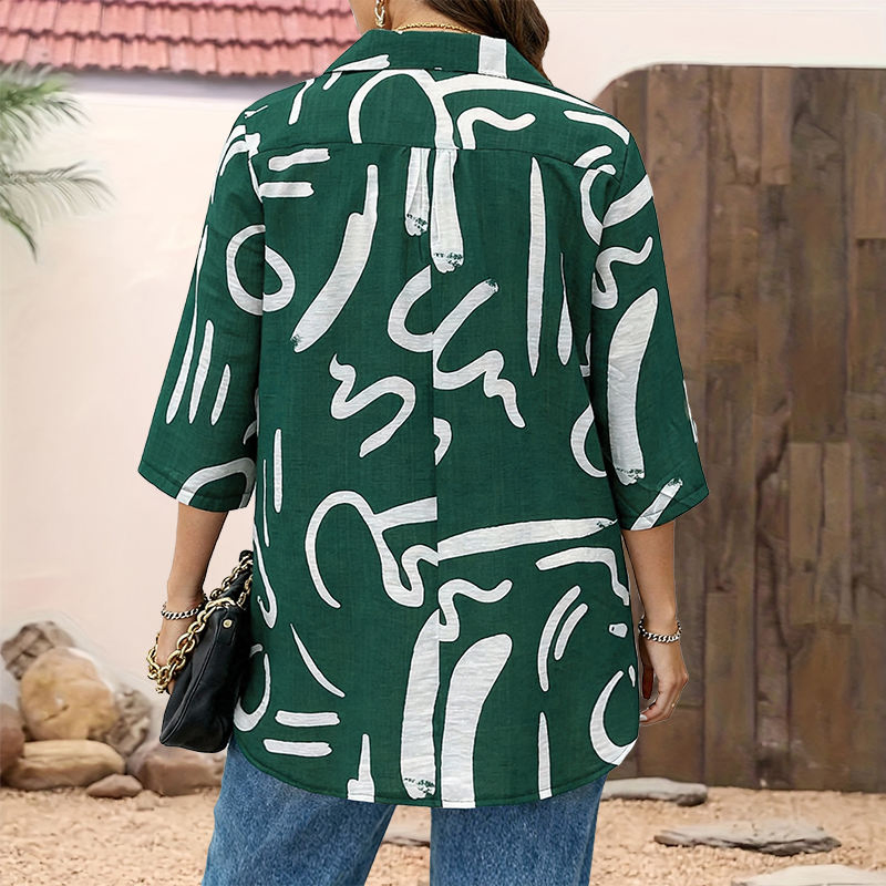 Casual Plus-Size Women's Blouse Turned Collar Three-Quarter Sleeves