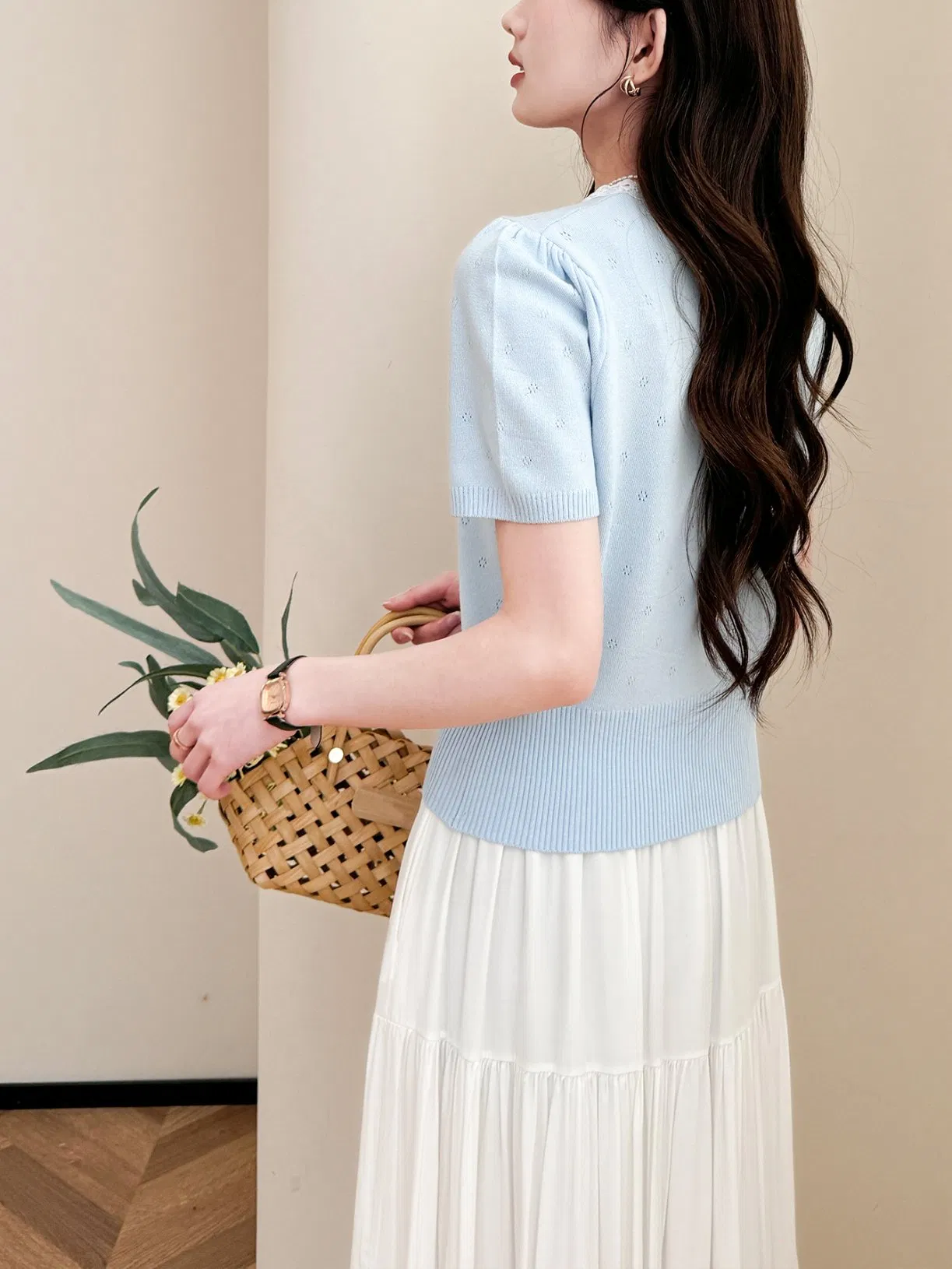 Minimalist Lace Edge Design Pullover Short Sleeved Knit Sweater for Women