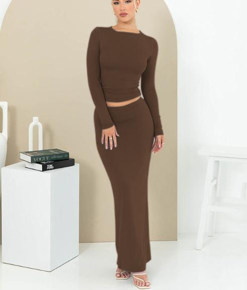 Women Fashion Long Sleeve Top Bodycon Skirt Two-Piece Set