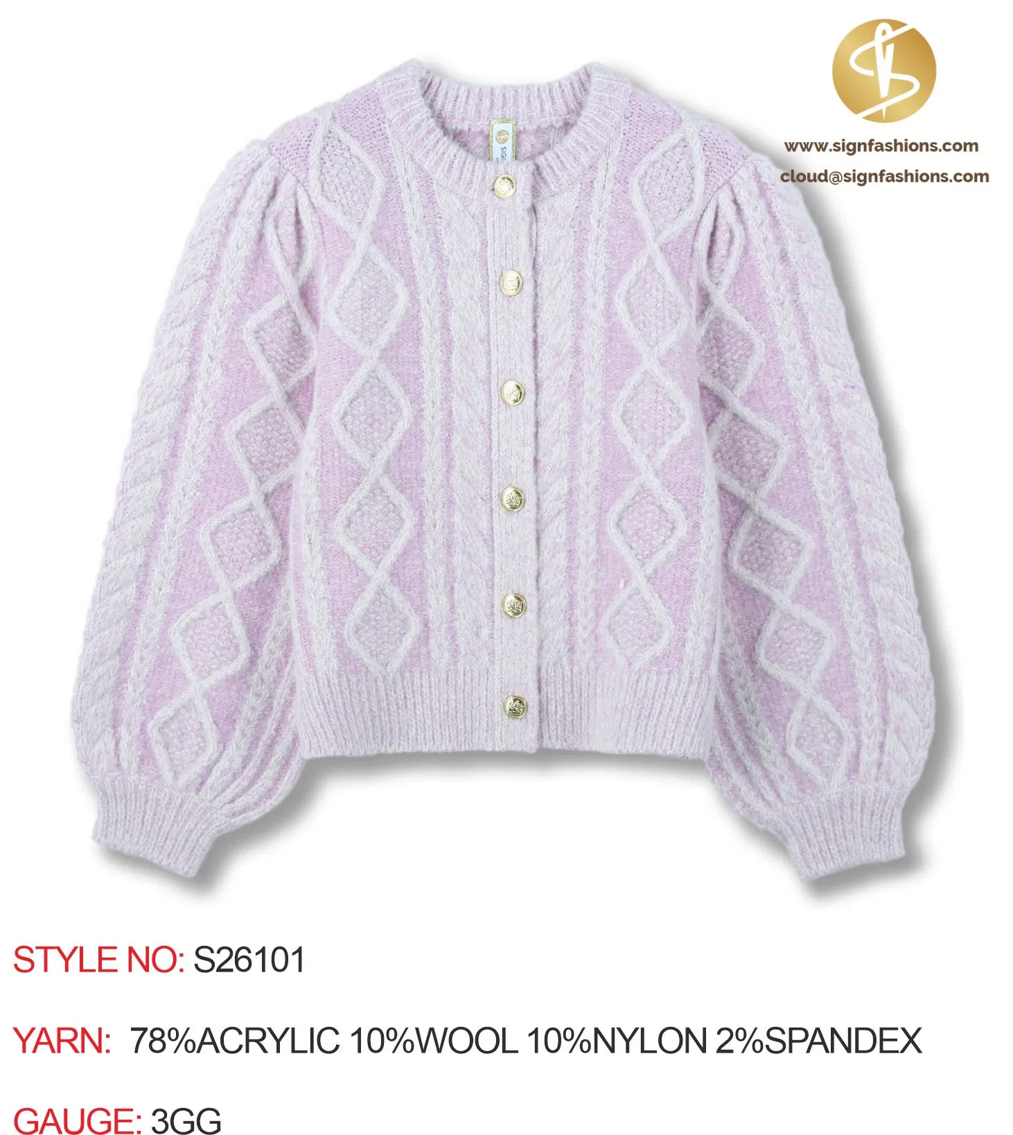 S26101 Crewneck 3/4 Sleeve Cardigan Women's Sweater Fw26 OEM Ready