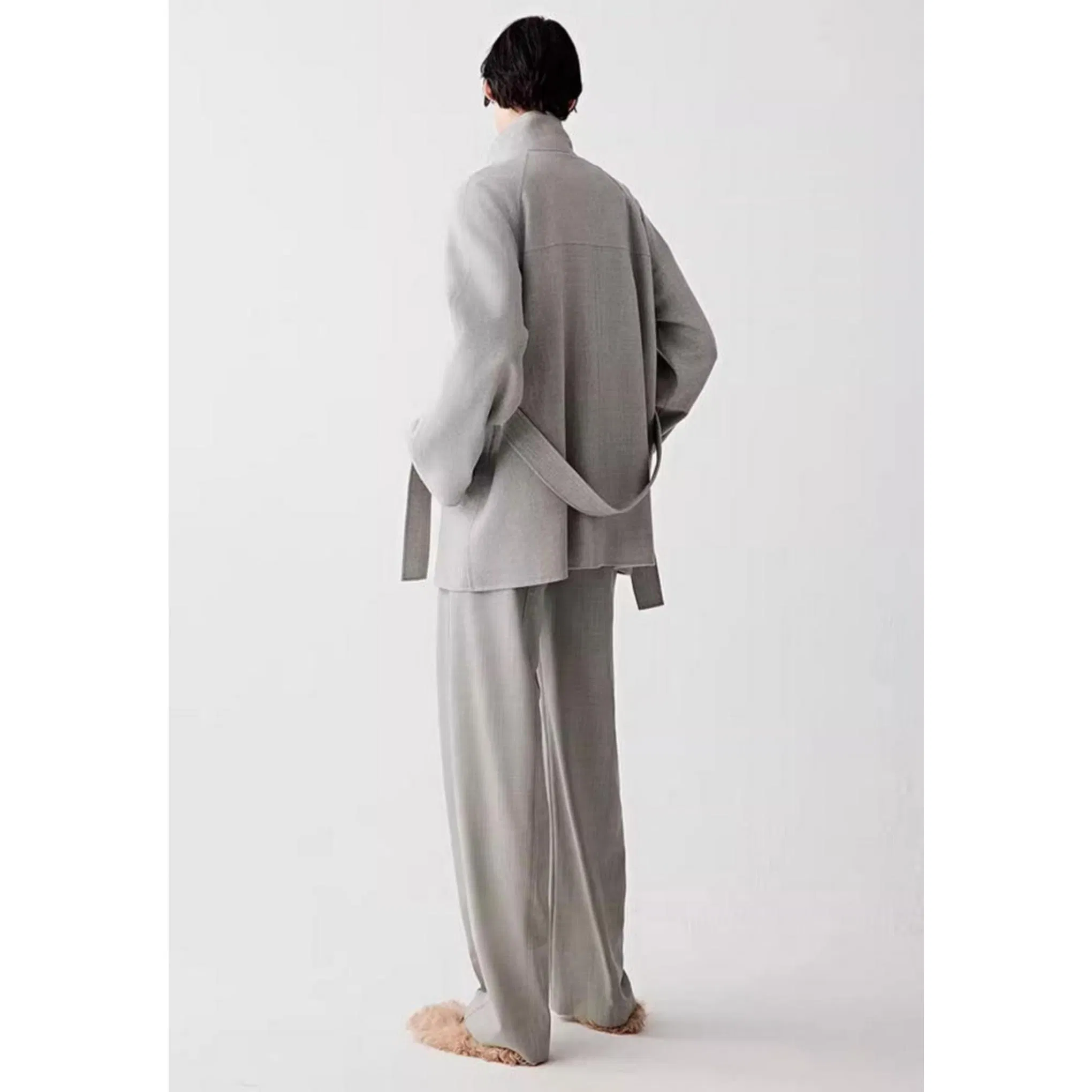 ODM OEM MID Straight Fit Cashmere Wool Tie-Waist Women Coat with Zipper Closure Design