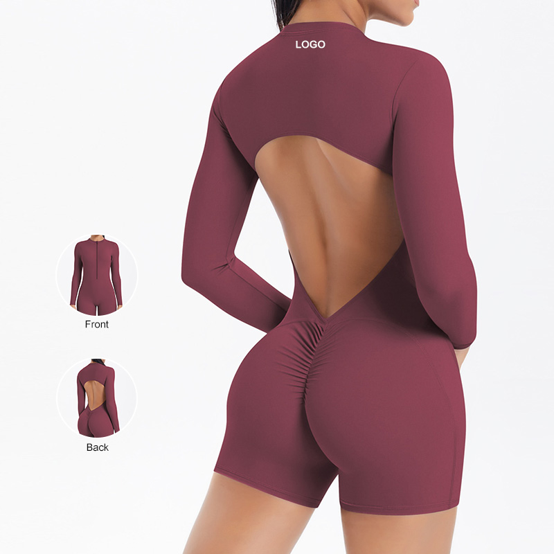 European and American Hollow Back Half-Open Zipper Jumpsuit Peach Hip Sports Fitness Running Jumpsuit Yoga Suit for Women