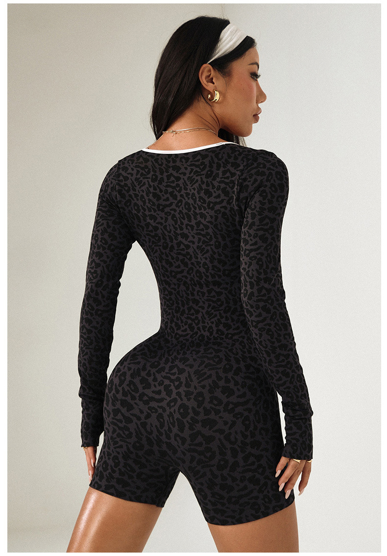Leopard Print Long-Sleeved Sports Yoga Gym Jumpsuit for Women Fitness Wear