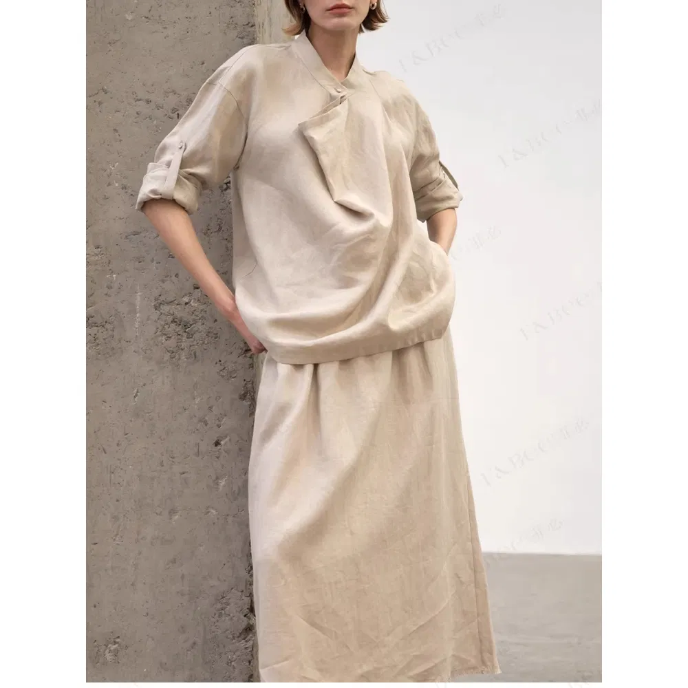 Women's New Linen French Cowl Neck Blouse Roll up Sleeve Loose Top