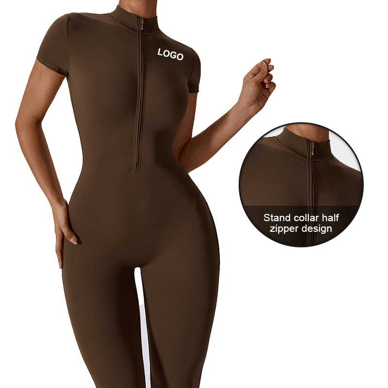 Wholesale Factory Summer Women's One Piece Short Sleeves Leggings Zipper Front Tummy Control Dry Fit Gym Sports Wear Set Sports Romper Jumpsuit