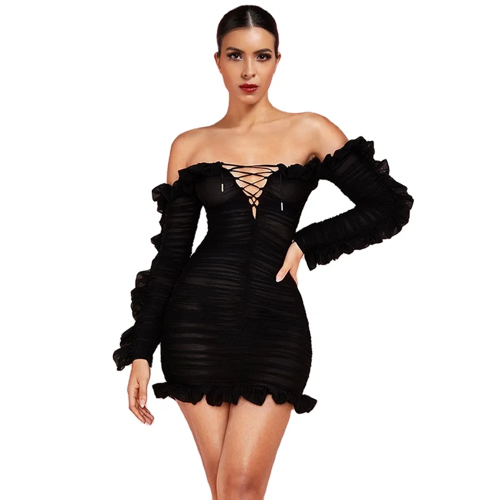 Custom Solid Black Bodycon Mini Sexy Dress off Shoulder Ruched Pleats Frills Long Sleeve Casual Style Party Dresses for Women