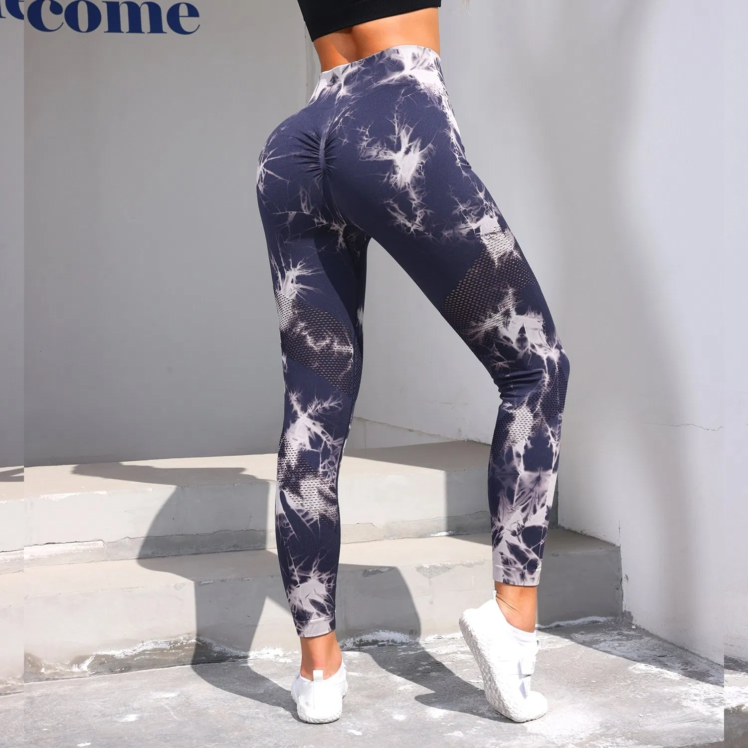 Women Gym Wear Tie Dye Hollow out Sports Pants High Waisted Seamless Scrunch Leggings