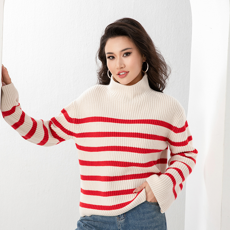 Wholesale Long Sleeve Turtleneck Jumper Luxury Striped Pattern Knitwear Women Wool Sweater for Winter