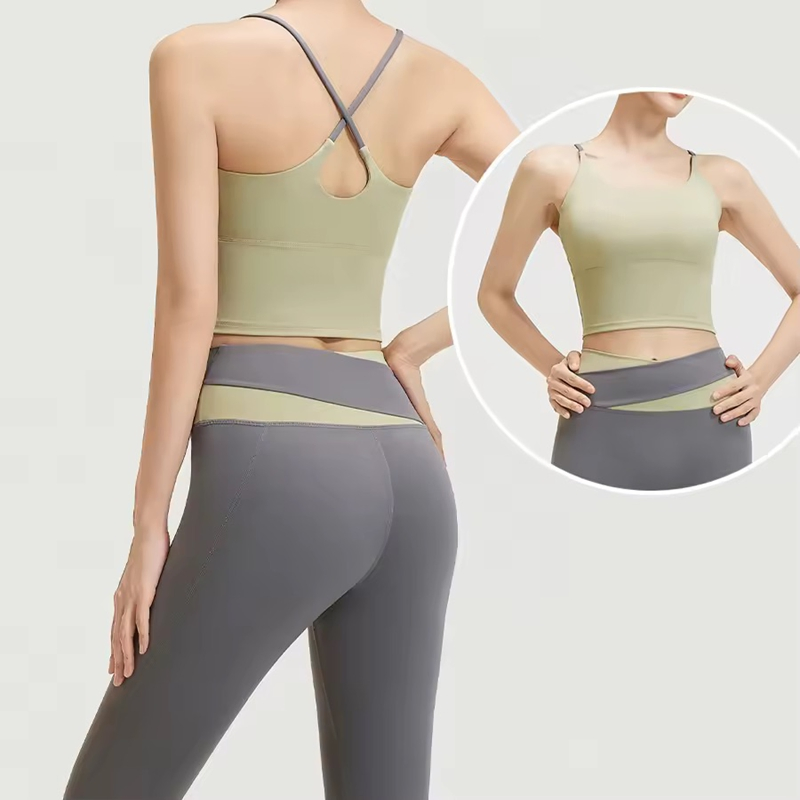 Hot Sale Patchwork 2 Pieces Fitness Clothing Suit Cross Back Tit Fit Vest + High Waist Workout Leggings Yoga Wear Set Women's Activewear
