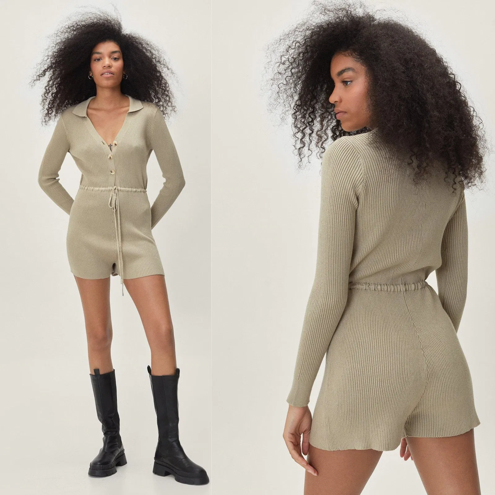 Manufacturer China Good Quality Competitive Price New Fashion Ribbed Drawstring Waist Collared Relaxed Knitted Women Leisure Household Women Loungewear