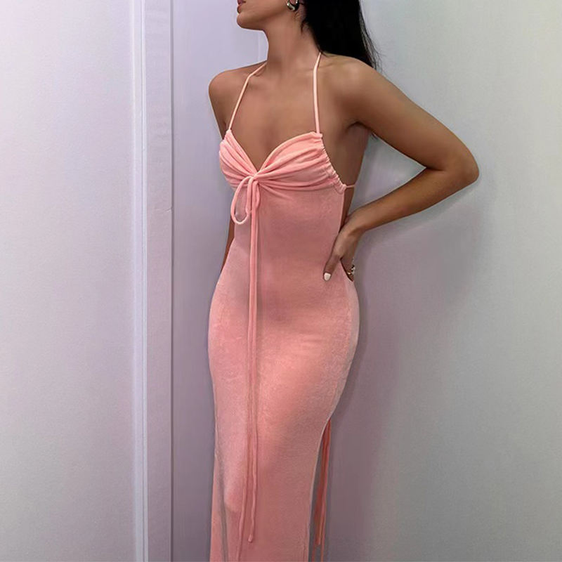 Custom Women's Solid Color Sexy Dress European and American Open Back Strap Wrapped Hip Spicy Girls Party Dress