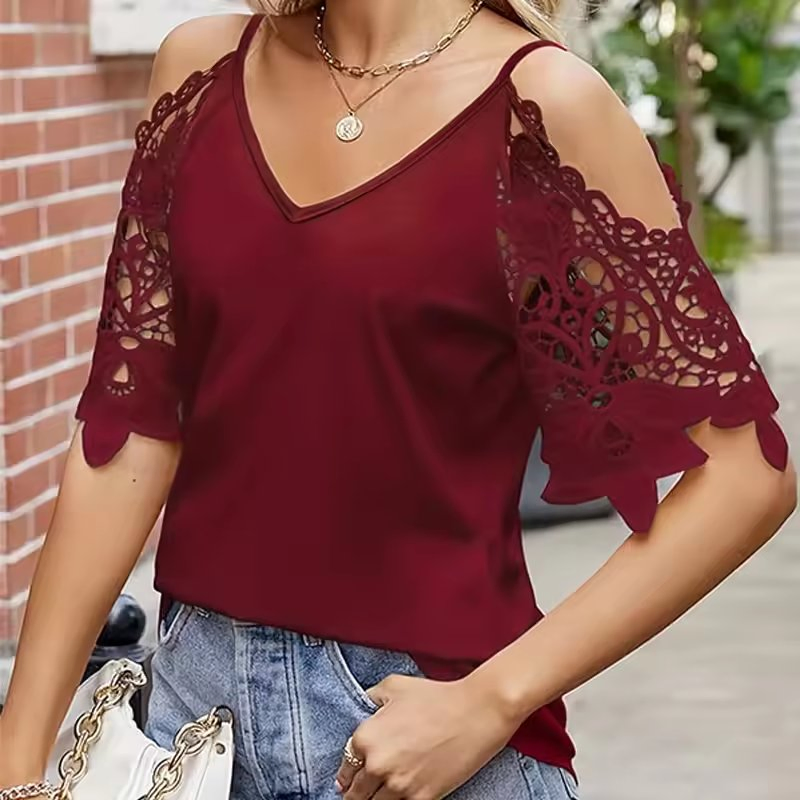 Factory Wholesale Strap Lace Shoulder Shirt Blouse Blusas Y Camisas PARA Mujeres Elegant Women's Sexy Knitted Tops
