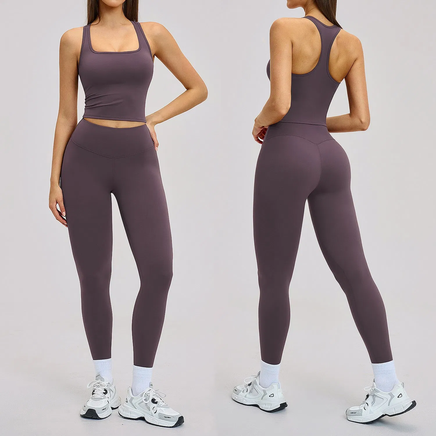 Athletic Women's Breathable Workout Yoga Gym Clothes Racerback Crop Tank + High Waisted Fitness Leggings, 2PCS Matching Running Activewear