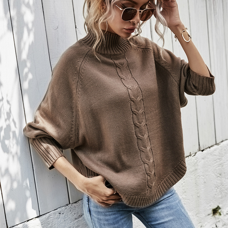 Autumn Winter Custom Cable High Neck Bat Sleeve Knitted Sweater Coat Ladies Shawl Sweater Knitwear for Woman