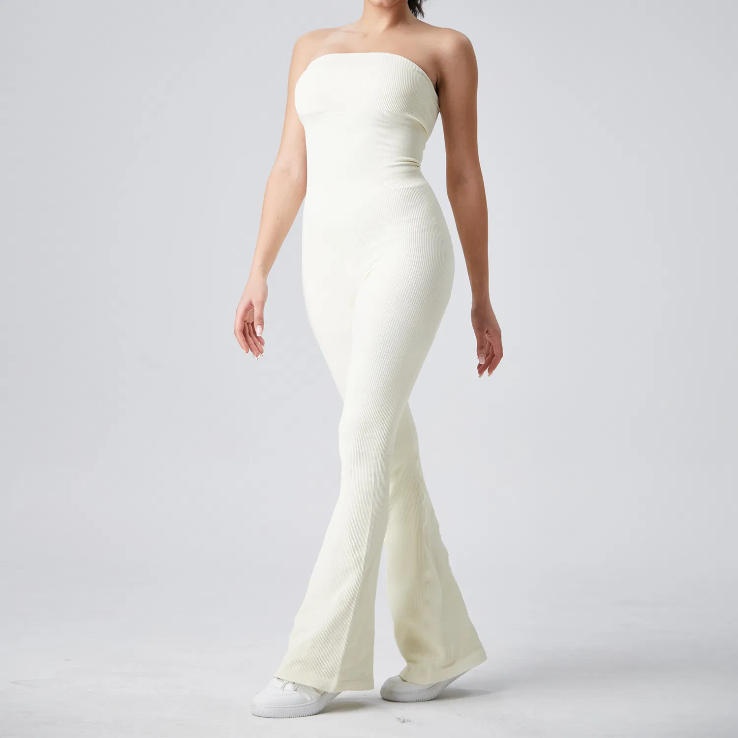 Women Solid Color Ribbed Thick Yoga Flare Bodysuit Lady Gym Overall Tube Top Female High Stretch Tight Sports Jumpsuit